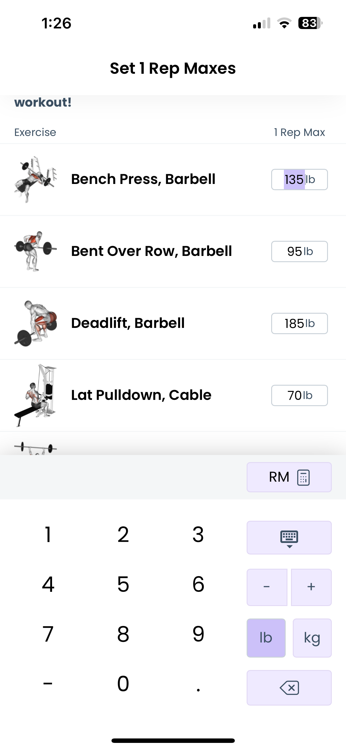 1 Rep Max screen